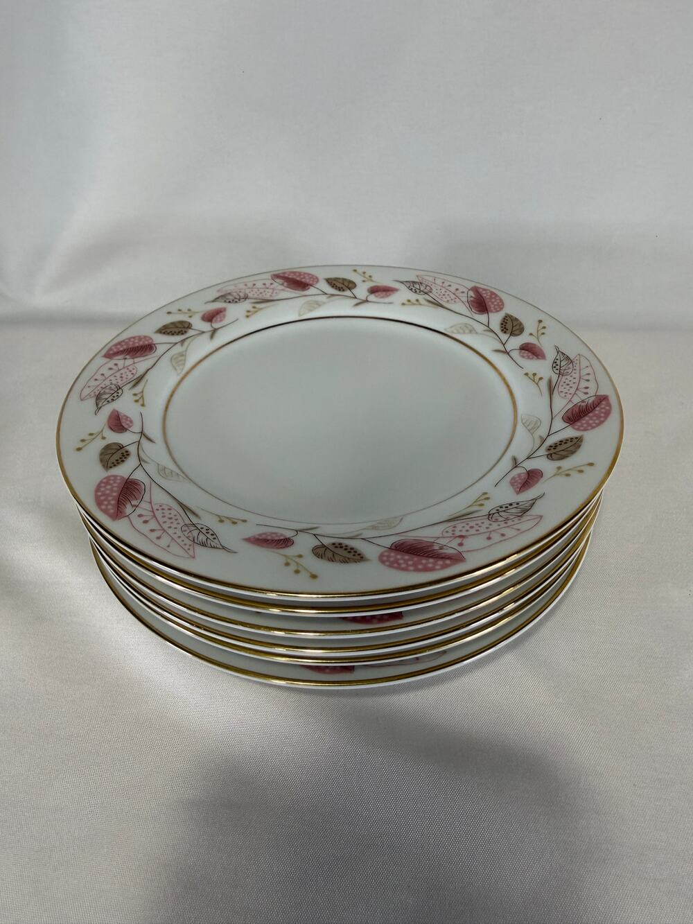 Noritake Rosanne 5610 Set of 6 Plates Pink Leaves Gold Trim Japan Vintage